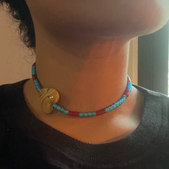 Asymmetrical glass bead choker heart handmade designer blue red - Picture 6 of 6